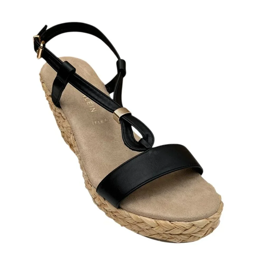 Anne Klein Akwanessa Women’s Espadrille‎ Wedge Sandals Size 9 Black-Tan Strappy